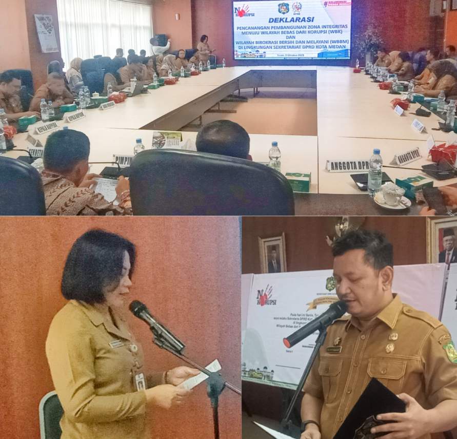 Sekretaris DPRD Kota Medan M Ali Sipahutar SSTP MAP, dan Kabag Program dan Keuangan Sekretariat DPRD Kota Medan Erisda Hutasoit SE MSP dalam deklarasi pencanangan zona integritas di lingkungan DPRD Kota Medan, Senin (2/10/2023).