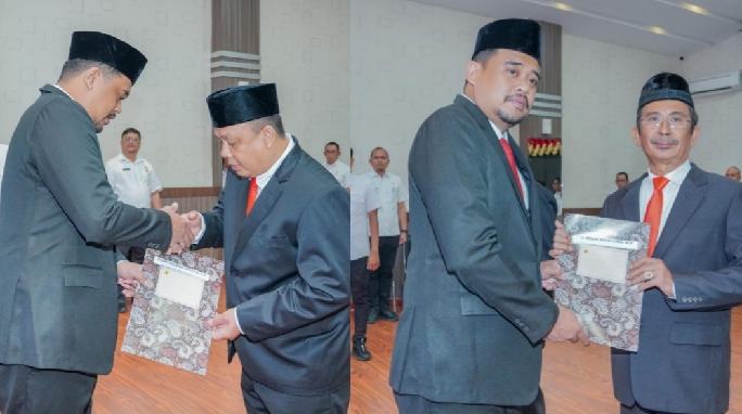 Wali Kota Medan Bobby Nasution melantik Endar Sutan Lubis Kepala Badan Pendapatan Daerah (Bapenda) dan Benny Sinomba Siregar dilantik menjadi Kepala Dinas Pendidikan dan Kebudayaan, di Balai Kota Medan, Rabu (15/11/2023).
