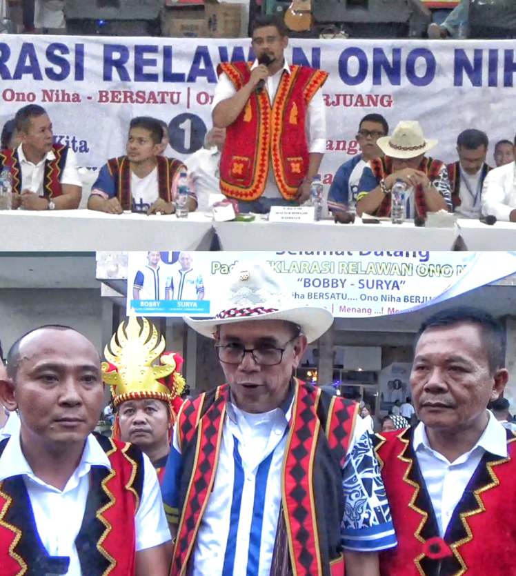 Bobby Nasution di Sidang Majelis Rakyat Ono Niha. Bawah, kiri ke kanan : Ketuawl Relawan Ono Niha April Waruwu SH MH, Hinca Panjaitan dan Pendiri Relawan Ono Niha Ucok Kardon Waruwu.