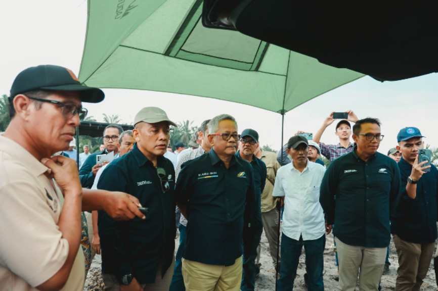 Direktur Utama Holding Perkebunan PTPN III (Persero) Mohammad Abdul Ghani dan Dirut PTPN IV PalmCo Jatmiko Santosa di areal PSR mitra binaan PalmCo. PTPN grup melalui PalmCo mengakselerasi upaya peremajaan sawit petani dengan menggesa Rekomtek. Total 13 ribu Ha rekomtek yang berhasil terbit di tahun 2024 lalu atau 106% terhadap rencana. Untuk 2025 ini, PalmCo menyasar 22 ribu Ha rekomtek bagi petani.
