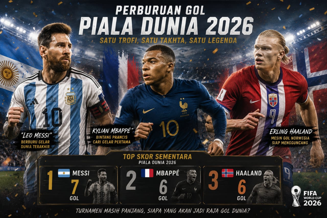 Kilyan Mbapee, Erling Haaland dan Lionel Messi siap bertarung torehan gol terbanyak di Piala Dunia 2026. (ChatGpt)